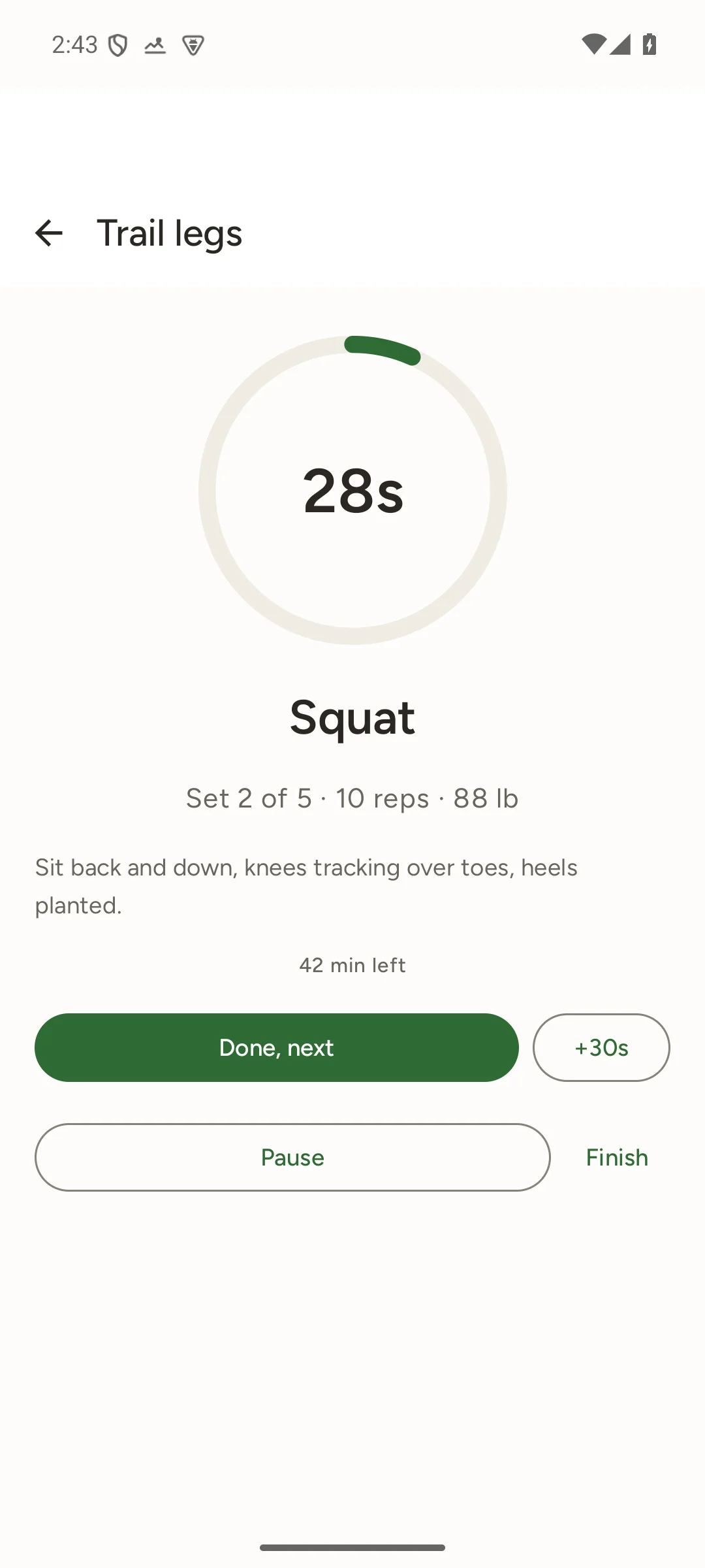 A guided TrailFree session mid-set: Squat, set 2 of 5, with the rest timer running