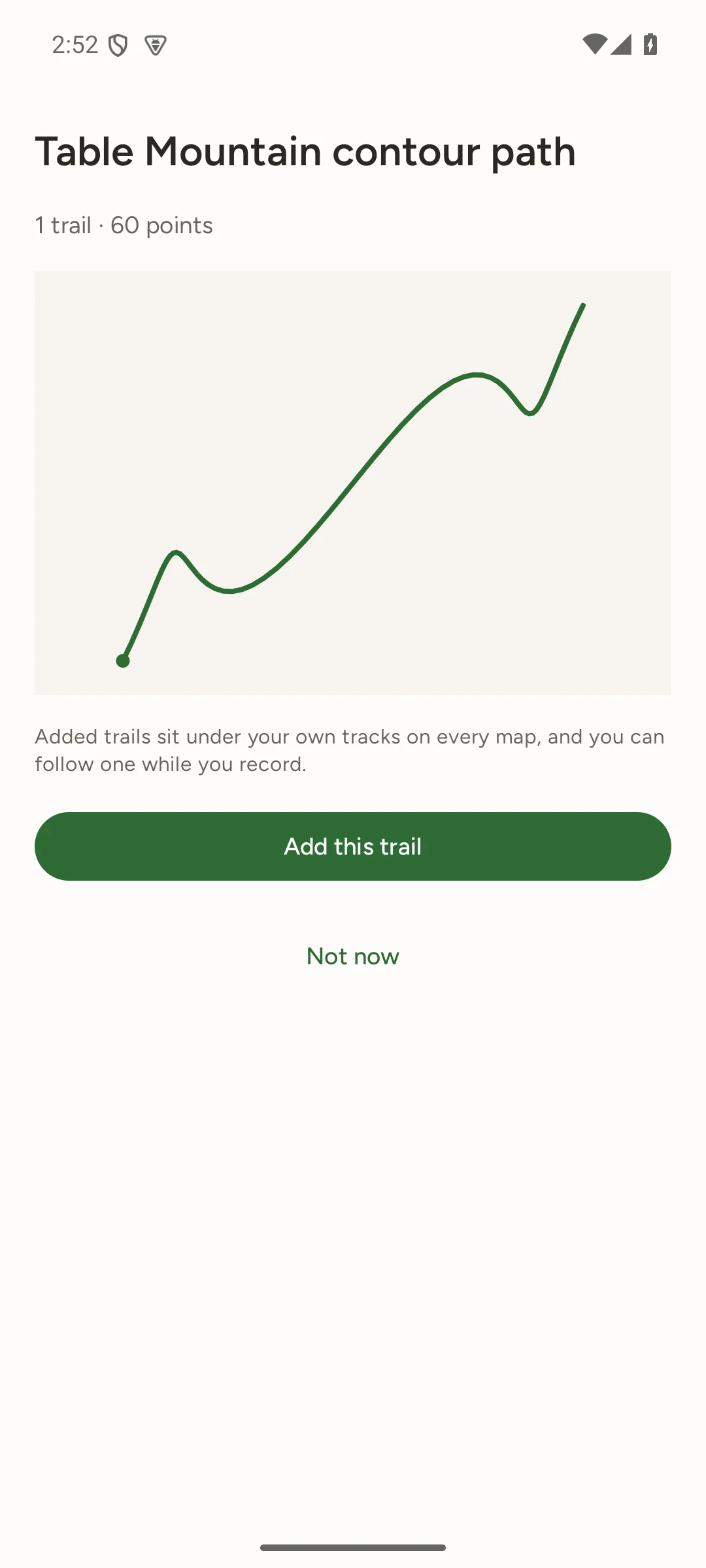 TrailFree showing the shape of a received trail, with Add this trail or Not now